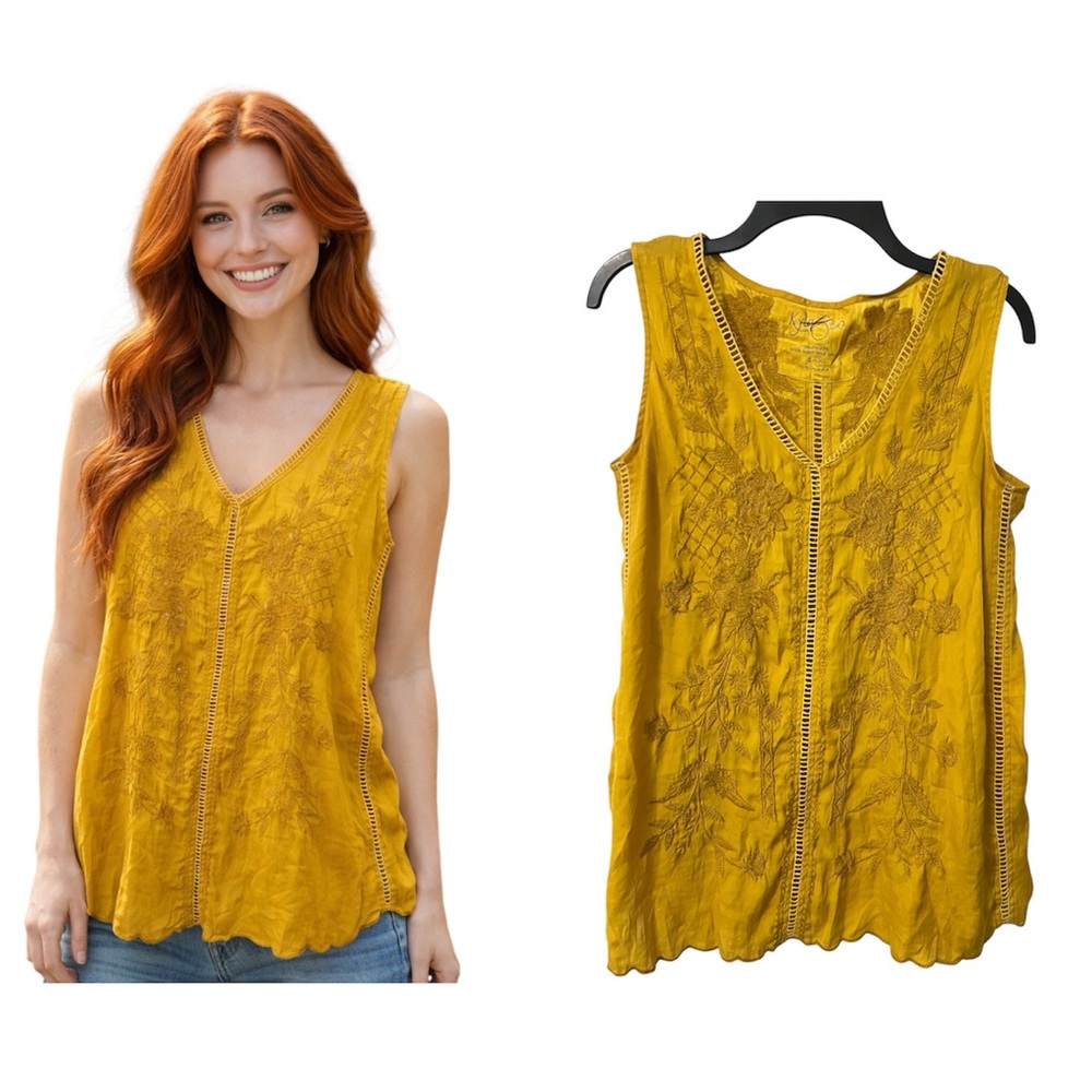 Kyla Seo Boho Sleeveless Mustard Yellow Tonal Embroidered Top Size Small